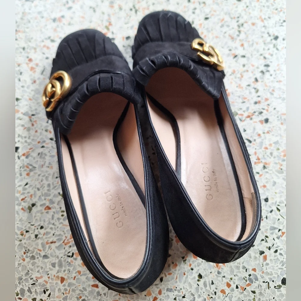 Gucci Marmont Suede Fringe GG Logo‎ Loafer Pumps - Picture 8 of 17